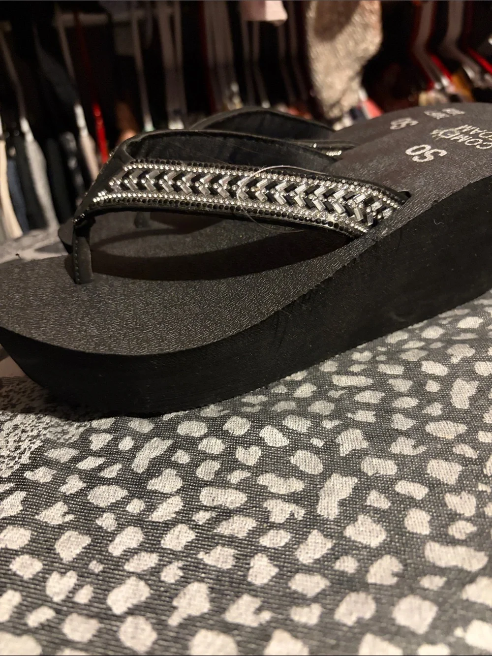 SO Black Platform Wedge Flip-Flops with Silver Beaded Straps